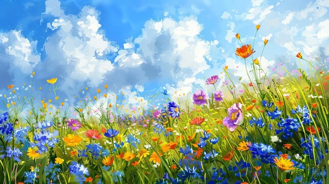 Colorful wildflower meadow in spring, beautiful natural landscape, digital painting