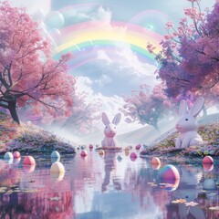 Rainbow over river 3D scene bunnies by a riverside - obrazy, fototapety, plakaty