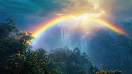 Victoria Falls Rainbow, Showcase the stunning rainbow arching over Victoria Falls, created by the sunlight hitting the mist rising from the falls, symbolizing nature's breathtaking artistry - obrazy, fototapety, plakaty