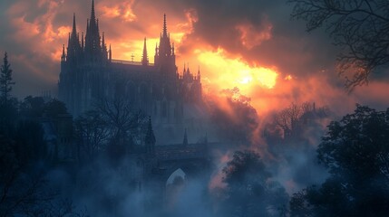 Majestic Castle Shrouded in Mist, A Fantasy Realm Comes to Life at Dusk - obrazy, fototapety, plakaty