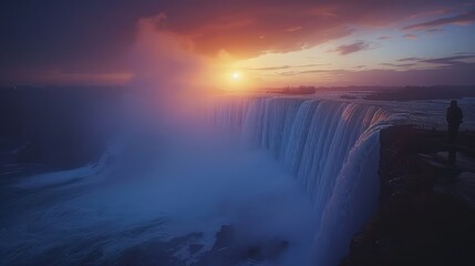 Niagara Falls at Sunrise, Capture the majestic beauty of Niagara Falls illuminated by the soft glow of the rising sun, highlighting the mist and the iconic horseshoe shape