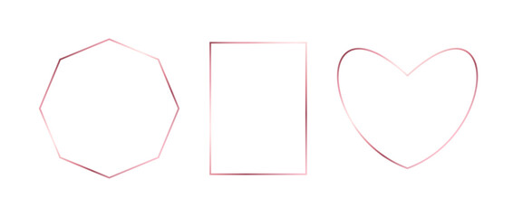 Rose gold thin frames set. Pink gold borders in art deco style. Thin linear heart, diamond, rectangle collection. Foil glowing shiny boarder element pack. Vector bundle for photo, cadre, decor