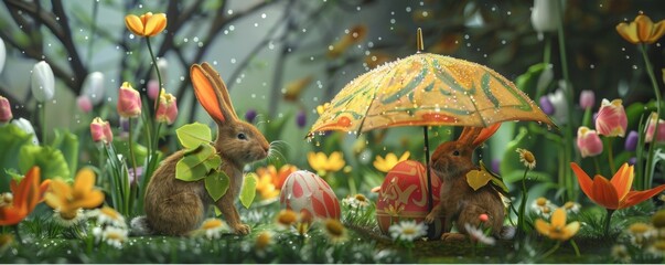 Rainy day 3D scene bunnies sheltering under leaf umbrellas by painted eggs - obrazy, fototapety, plakaty