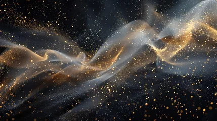 Fotobehang Cosmic dance of glittering silver and gold particles on midnight background, festive abstract Digital Art © Bijac