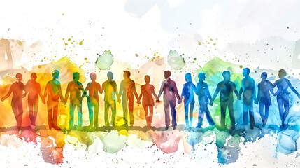 Happy abstract colorful watercolor silhouette many men and women