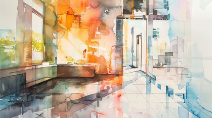 Abstract Watercolor Kitchen Scene with a Fusion of Warm and Cool Tones