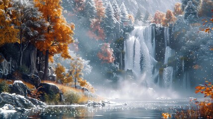 Seasonal transformation, Document the seasonal changes experienced by a waterfall throughout the...