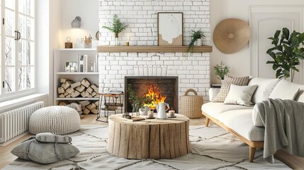 Cozy Scandinavian living room interior with white brick fireplace and wooden decor, hygge home design concept, 3D illustration