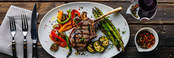 Delicious Mouth-Watering Lamb Cutlet Served With Freshly Grilled Vegetables And A Glass Of Red Wine