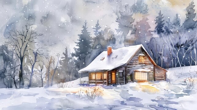 Cozy Winter Cottage in Snowy Landscape with Warm Glowing Windows, Nostalgic Watercolor Painting