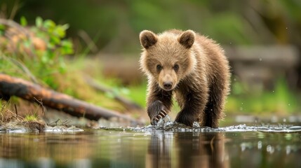 Obraz premium Curious brown bear cub exploring the water's edge, a heartwarming scene of innocence and discovery, wildlife photography