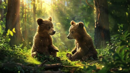 curious brown bear cubs playing in a sunlit forest glade, wildlife illustration