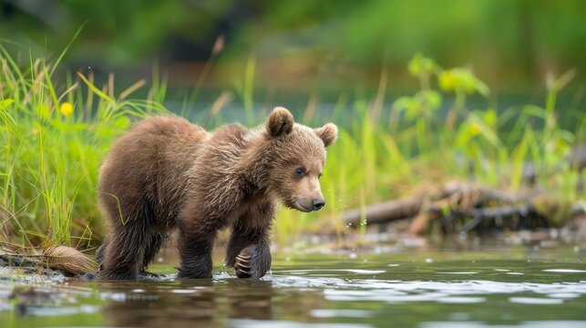 Curious brown bear cub exploring the water's edge, a heartwarming scene of innocence and discovery, wildlife photography