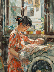 Asian mum, middle-aged, with baby, doing laundry, washing machine, daily life scene.