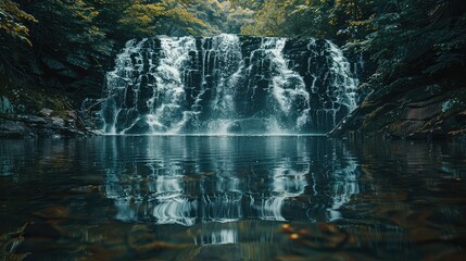 Reflections, Explore the reflective qualities of a waterfall, capturing its image mirrored in the tranquil waters below, creating a mesmerizing visual symmetry
