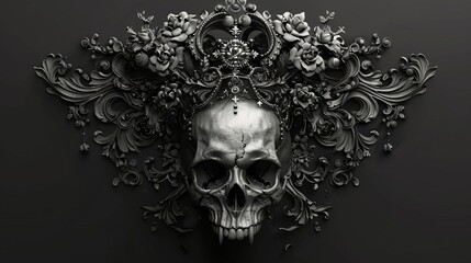 Fototapeta premium Dark and mysterious queen skull adorned with intricate crown, macabre medieval fantasy Digital Illustration