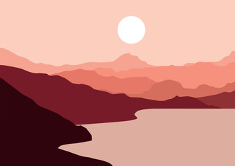 mountains and lake panorama vector. Vector illustration in flat style.