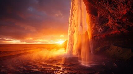 Sunset waterfall, Showcase the mesmerizing beauty of a waterfall illuminated by the warm hues of a...