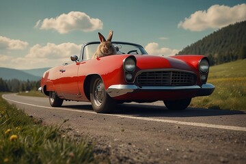 Easter bunny drives quickly to Easter in a retro red car - obrazy, fototapety, plakaty