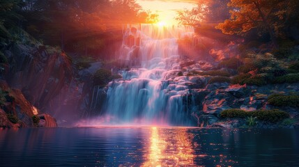 Sunset waterfall, Showcase the mesmerizing beauty of a waterfall illuminated by the warm hues of a sunset, creating a stunning and romantic ambiance
