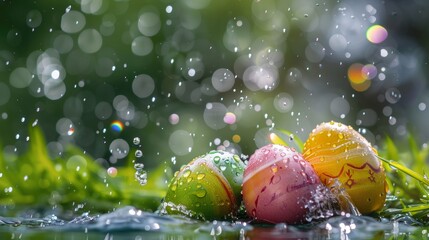 Spring rain Easter eggs with raindrops and rainbow reflections