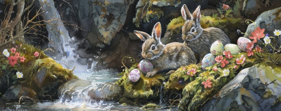 Spring brook babble bunnies by a bubbling brook