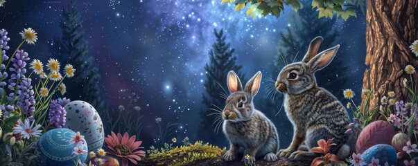 Starry night 3D Easter card with bunnies under a canvas of night sky-painted eggs - obrazy, fototapety, plakaty