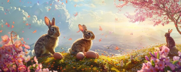 Sunny hilltop picnic with bunnies enjoying a lazy afternoon around eggs basking in the sunlight - obrazy, fototapety, plakaty