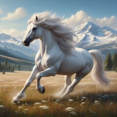 Obraz na płótnie Canvas white horse running in the field