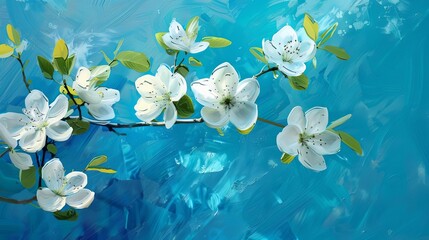 Delicate white and green flowers on vibrant blue background, fresh spring floral arrangement, digital still life painting