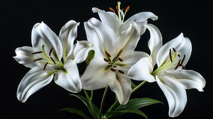 Delicate white lily flowers in full bloom, isolated on black background, studio shot