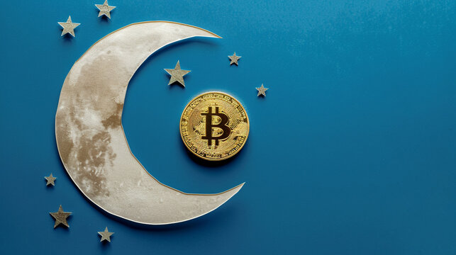 Bitcoin on minimalist paper cutout, heading moonward, blue setting.