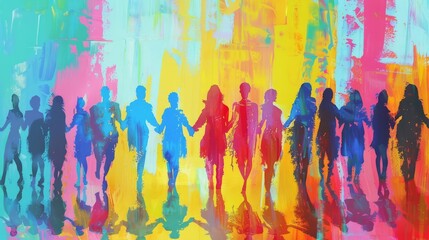 Diverse group of people holding hands, unity in diversity concept, ethnic and cultural acceptance, social inclusion and togetherness, digital painting