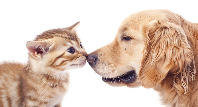A Golden Retriever dog and Bengal kitten, pictured against a white backdrop.




