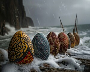 Viking odyssey Easter eggs with runes and longships - obrazy, fototapety, plakaty