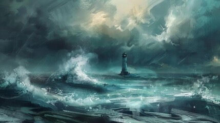 Dramatic Stormy Sea with Crashing Waves and Lighthouse, Moody Digital Seascape Painting - obrazy, fototapety, plakaty