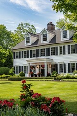 Fototapeta na wymiar Professional Photography of a Suburban Colonial-Style Home With a Manicured Front Lawn, Classic Architecture, and Traditional Interiors, Generative AI