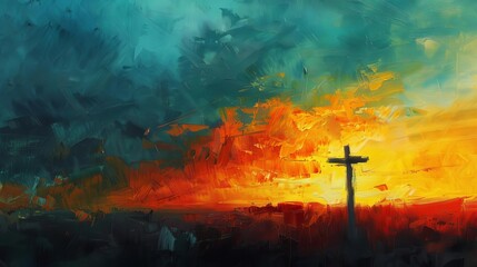 Dramatic sunset sky with sacred crucifix silhouette signifying redemption and faith, oil painting - obrazy, fototapety, plakaty
