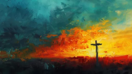 Foto op Canvas Dramatic sunset sky with sacred crucifix silhouette signifying redemption and faith, oil painting © Bijac