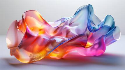 abstract translucent amorphous glass flowing fluid waves with colorful gradient of purple, pink, and orange tones on white background. - obrazy, fototapety, plakaty
