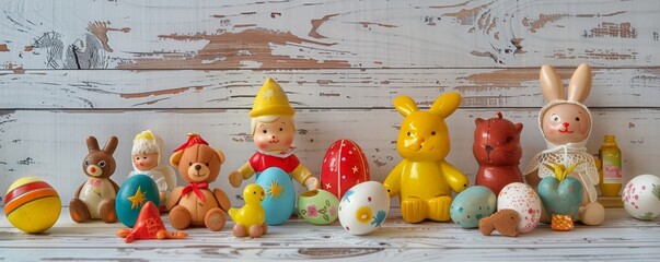Vintage toy Easter eggs decorated like antique toys and dolls - obrazy, fototapety, plakaty