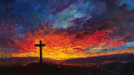Deurstickers Dramatic sunset sky with sacred crucifix silhouette signifying redemption and faith, oil painting © Bijac
