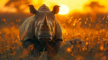 Foto op Canvas Solitary Rhino Fiery Orange Sunset Africa Wild Safari Wildlife Savannah Endangered © AI Visual Vault