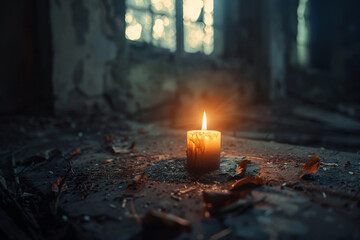 A candle is lit in a dark room