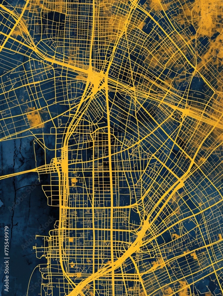 Poster A city map with yellow and blue lines. Generative AI.