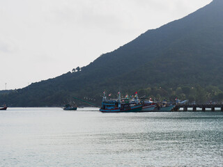 Fishing boats anchored against a clear sky. Sunny day. No people, outdoors. Concept of leisure and travel