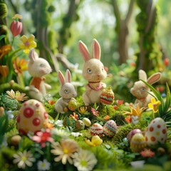 Woodland creatures 3D scene bunnies and friends with nature-themed eggs in a lively forest clearing