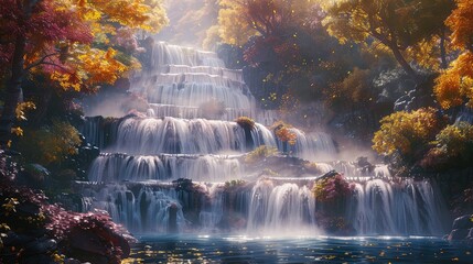 Spectacular cascade scene, Create a captivating scene featuring multiple waterfalls cascading together, showcasing the breathtaking beauty of nature's cascading wonders