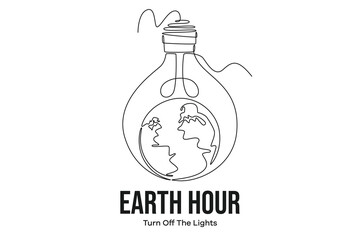 Continuous one line drawing earth hour day concept. Doodle vector illustration.