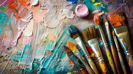 Fototapeta premium Brush equipment paintings tool colorful palette draw background.